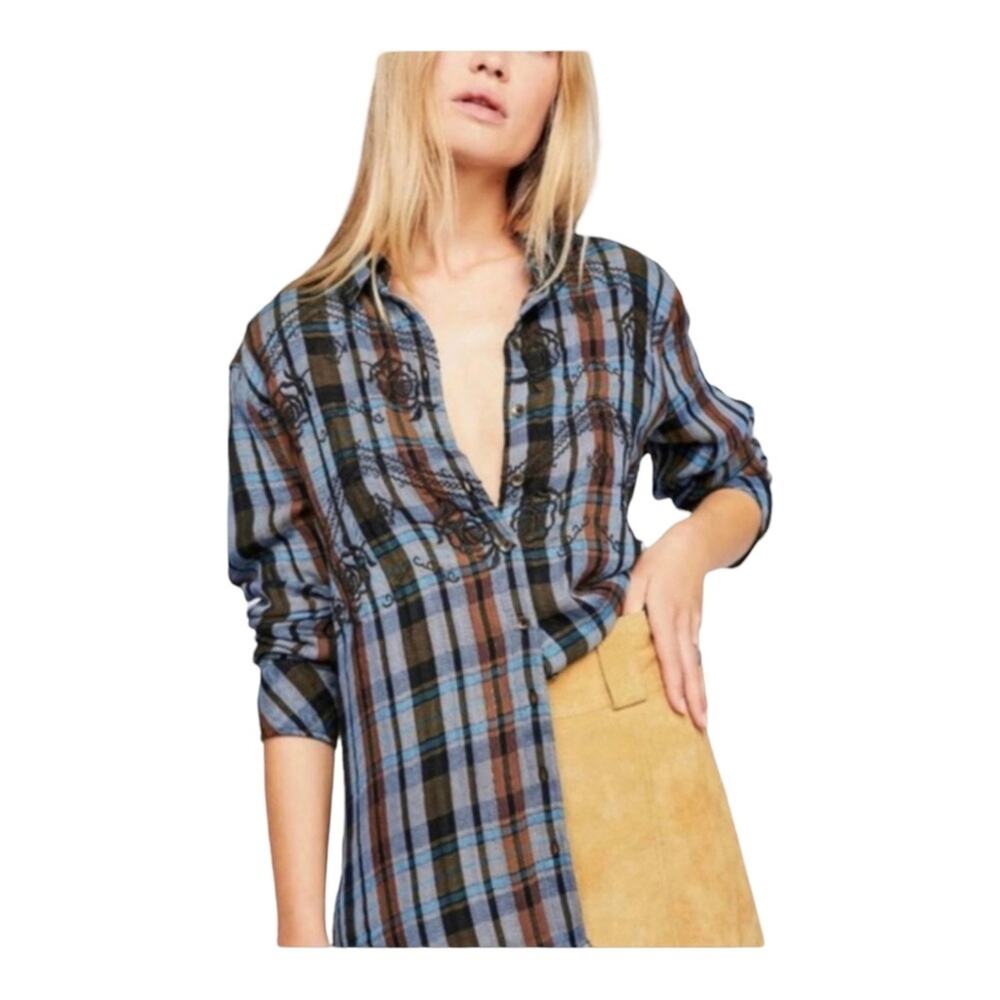 Free People Magical Embroidered Western Festival Plaid Button Up Shirt